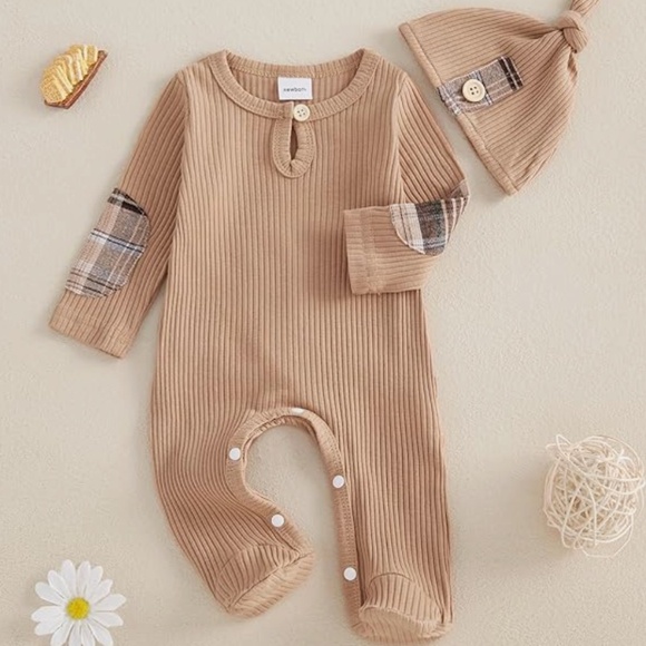 Baby Boys Girls One-Piece Footies Unisex Newborn Ribbed Knit Romper Button Hat 2